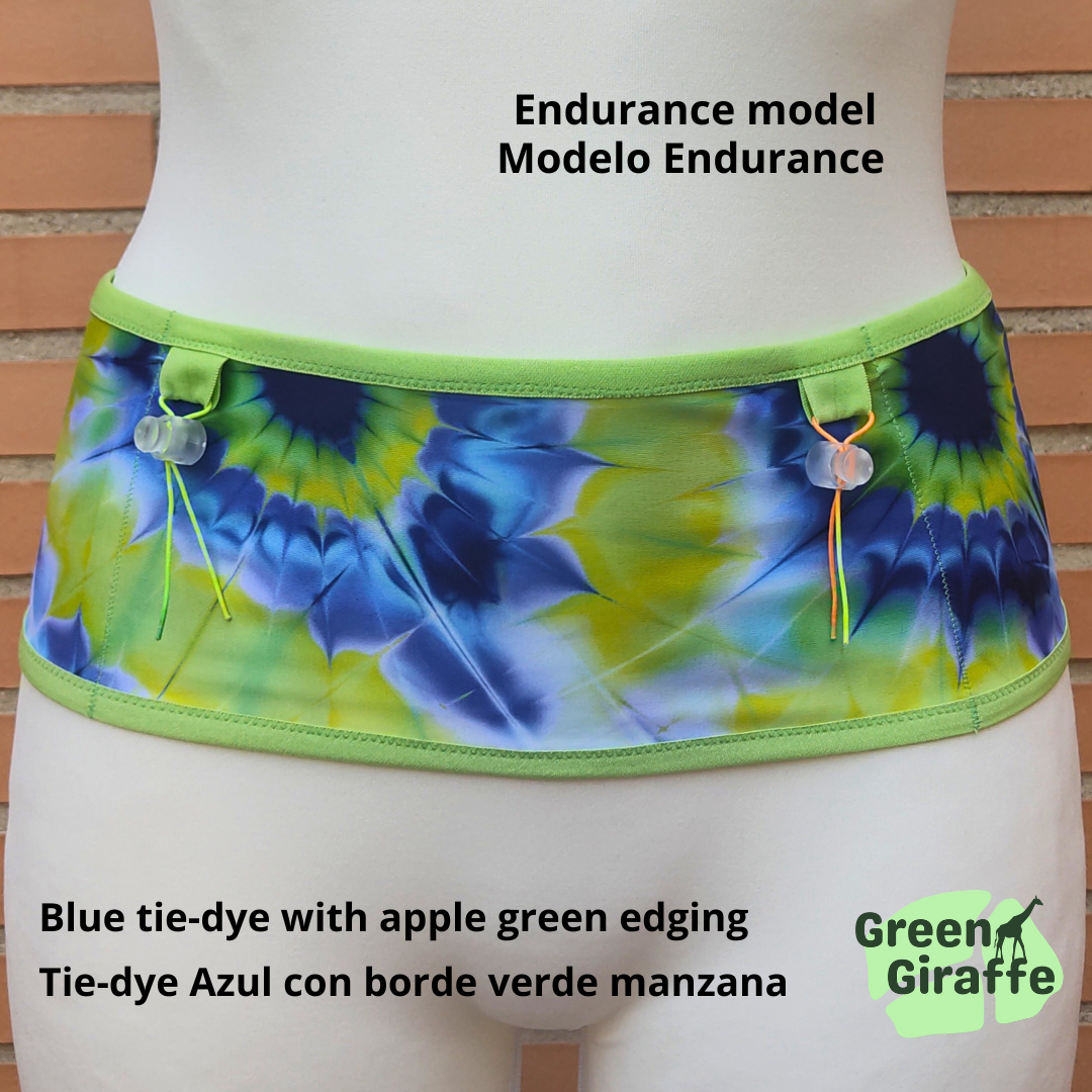 Blue Tie-Dye: "RunPouch Running Belt with Blue Tie-Dye design, perfect for adding style to your run.