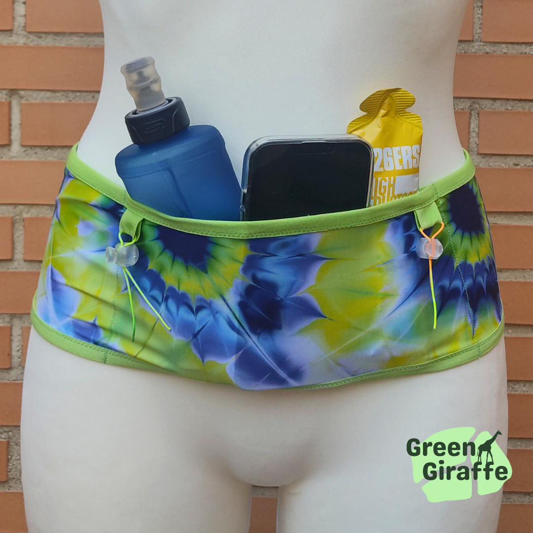 RunPouch Running Belt - Blue tie-dye for Active Lifestyles Runners - Green Giraffe