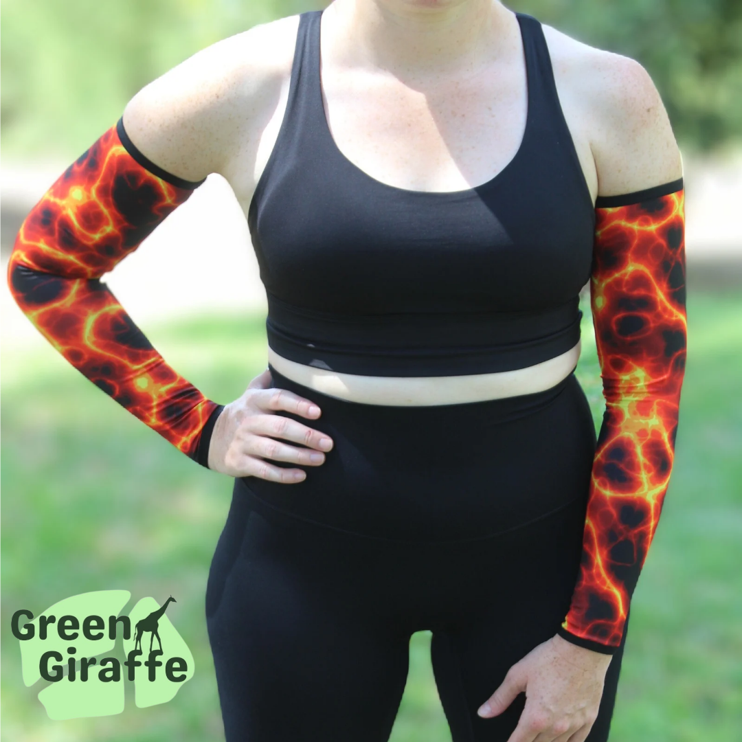Lava Arm Cozies, bold and fiery design perfect for athletes looking to stand out.