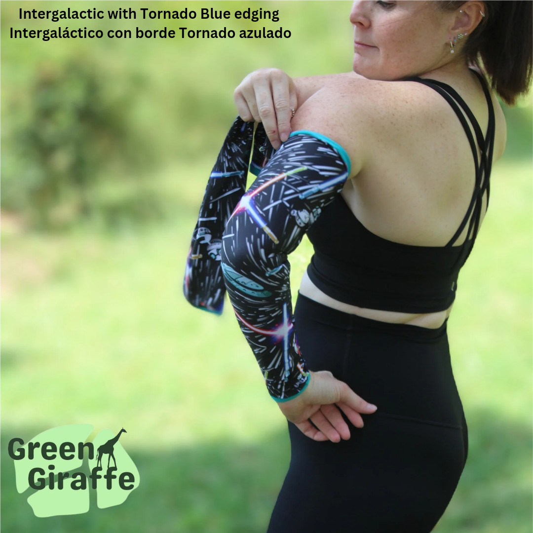 Intergalactic Arm Cozies, cosmic design with starry details for workouts and casual outfits.
