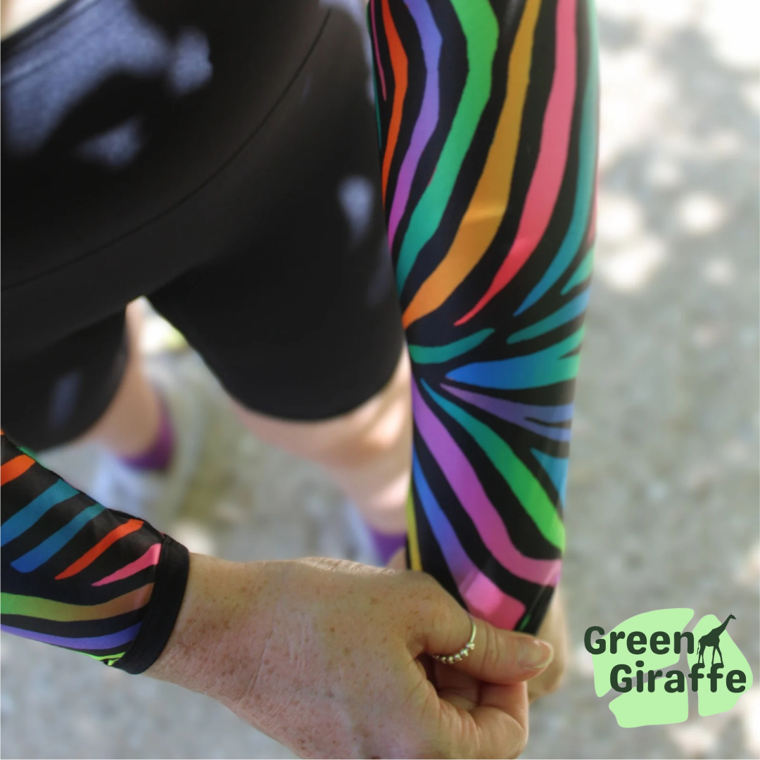 Zebra Fiesta Arm Cozies, striking zebra print design for a bold workout statement.