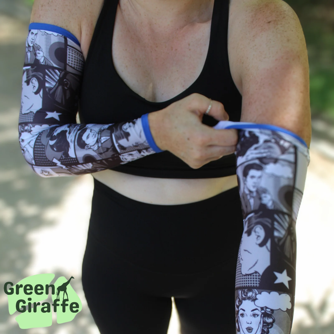 Comic Arm Cozies, fun comic book-themed design for an energetic workout vibe.