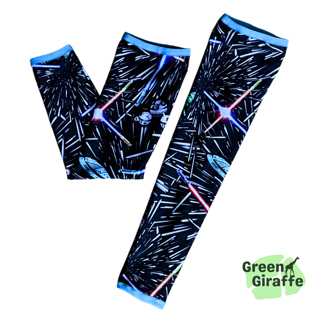 Intergalactic Arm Cozies, cosmic design with starry details for workouts and casual outfits.