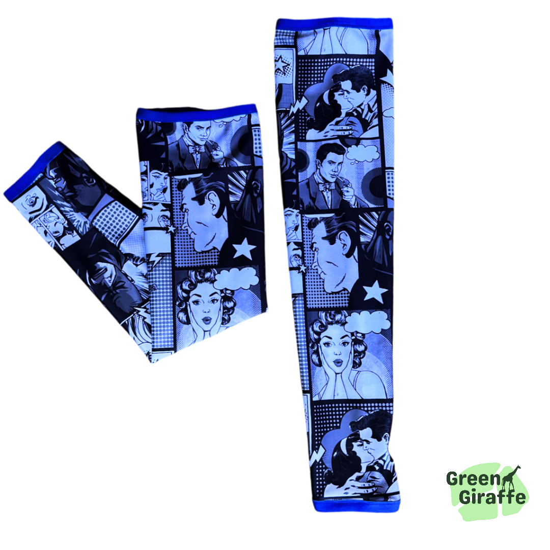 Comic Arm Cozies, fun comic book-themed design for an energetic workout vibe.