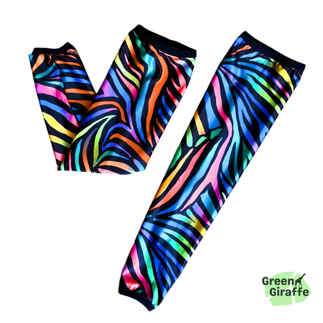 Zebra Fiesta Arm Cozies, striking zebra print design for a bold workout statement.